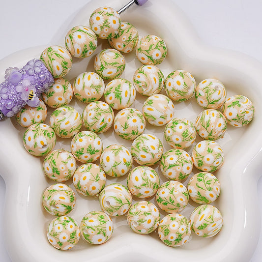 Cute Daisy Flower Printed Silicone Beads 15MM, Number Z-00253