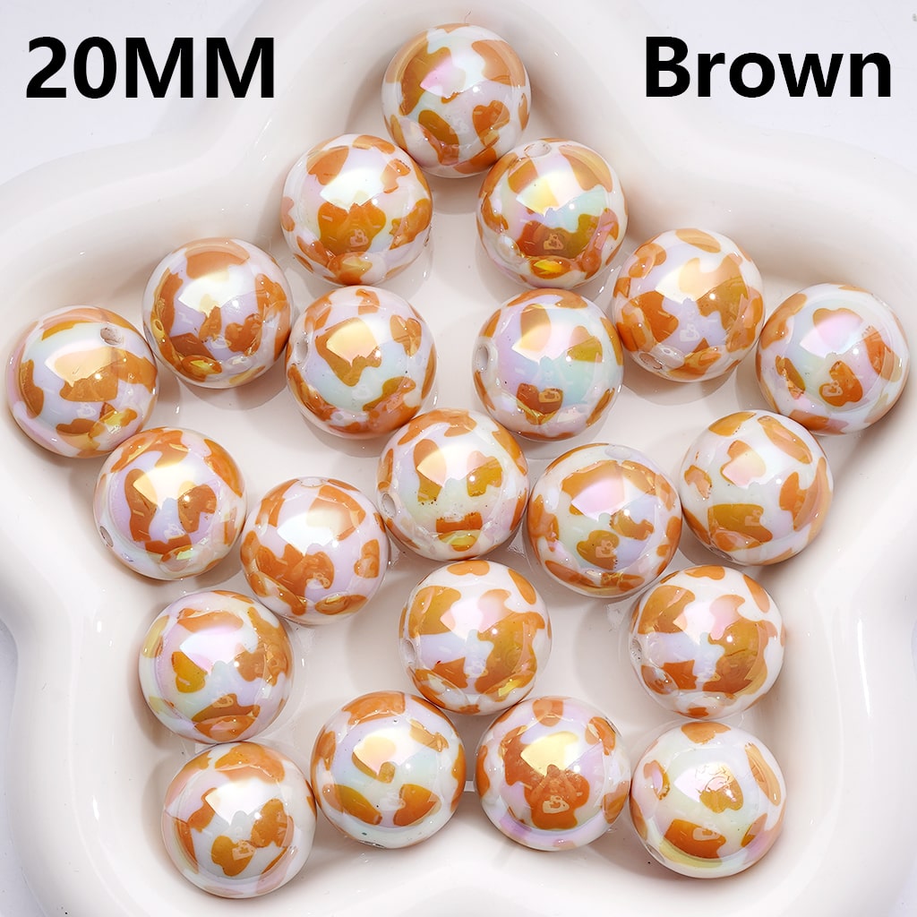 Acrylic Beads, UV Coating Black Brown Cow Prints White 20MM