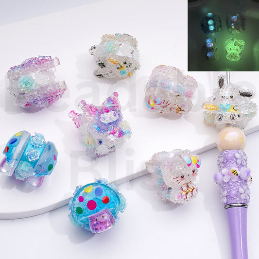 Luminous Cute Kurom Hello Kitt Pochacc Mushroom Shiny Glitter Flowers AB Rhinestones Clay Beads