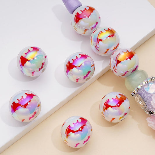 White UV Coating Acrylic Beads with Red Bat Print, Random Mix, 16MM