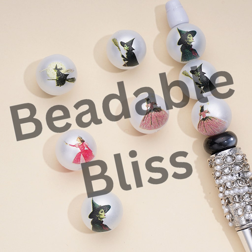 Beaded product with character illustrations on a beige background, featuring the brand 'Beadable Bliss'.


