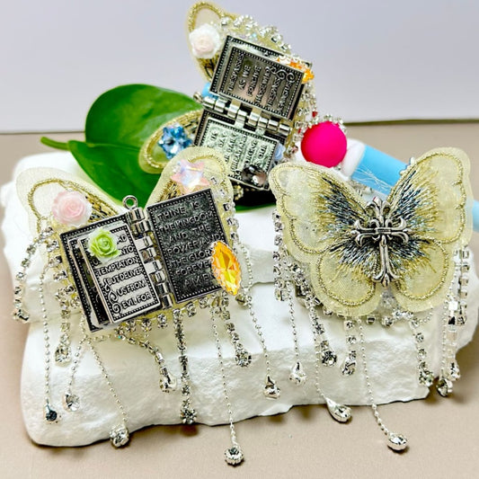 Delicate Fancy Gun Black Alloy Book with Clear Rhinestone Chains Large Crescent Moon Covered by Sugar Exquisite Fabric Butterfly Mini Cute Flower Heart Star Diamonds Beads,  Around 59*45MM, Random Mix