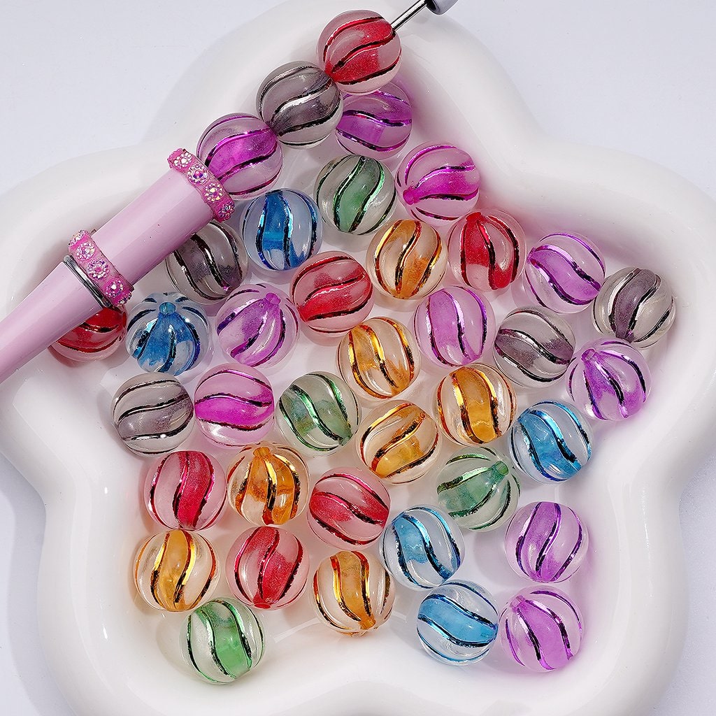 Cute Pumpkin Swirled Clear Acrylic Beads with Colorful Shiny Stripes, 16MM