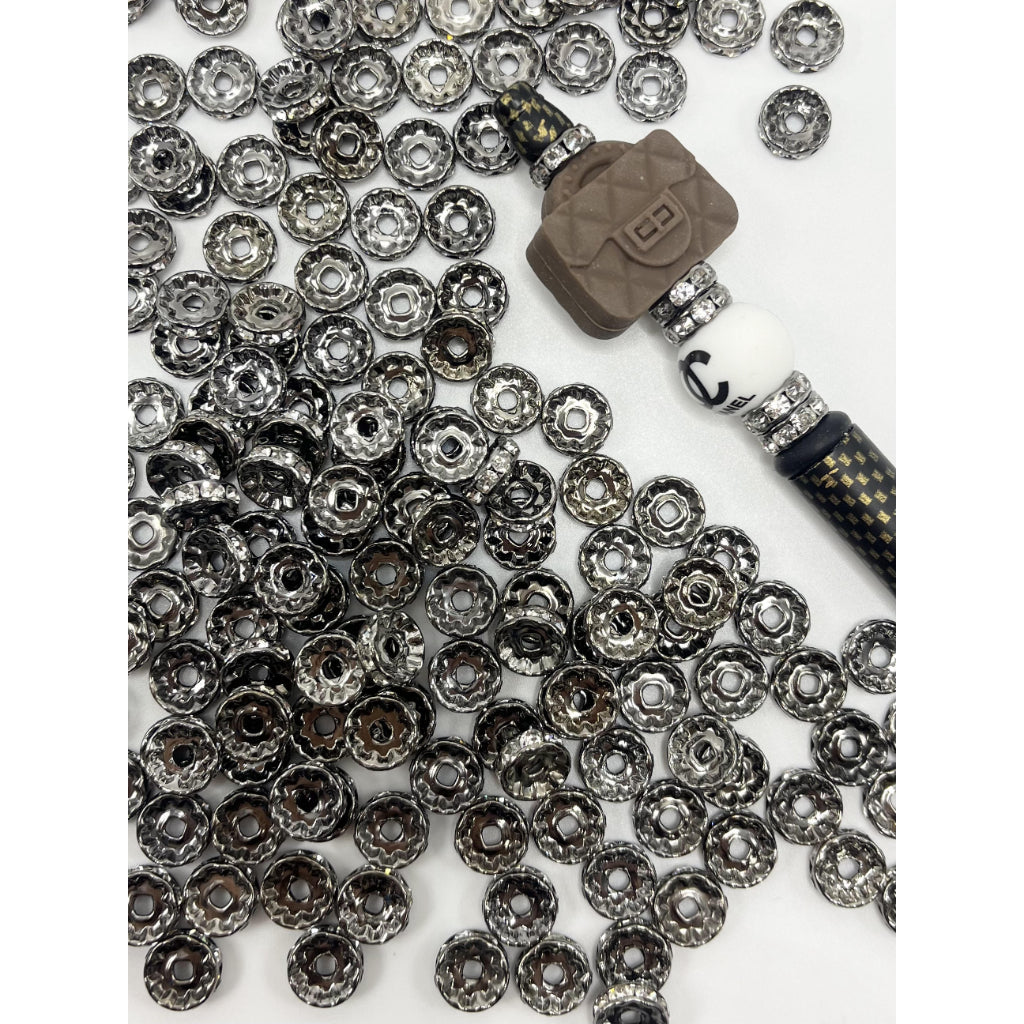 Spacers with Gun Black Color Metal and Clear Rhinestone, 10mm