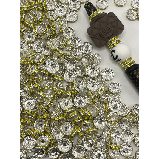 Spacers with Silver Color Metal and Bright Yellow Color Rhinestone, 10mm