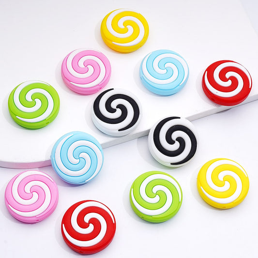 Multi-Color Swirls Stripes Lollipop Candy Round Flat Silicone Focal Beads