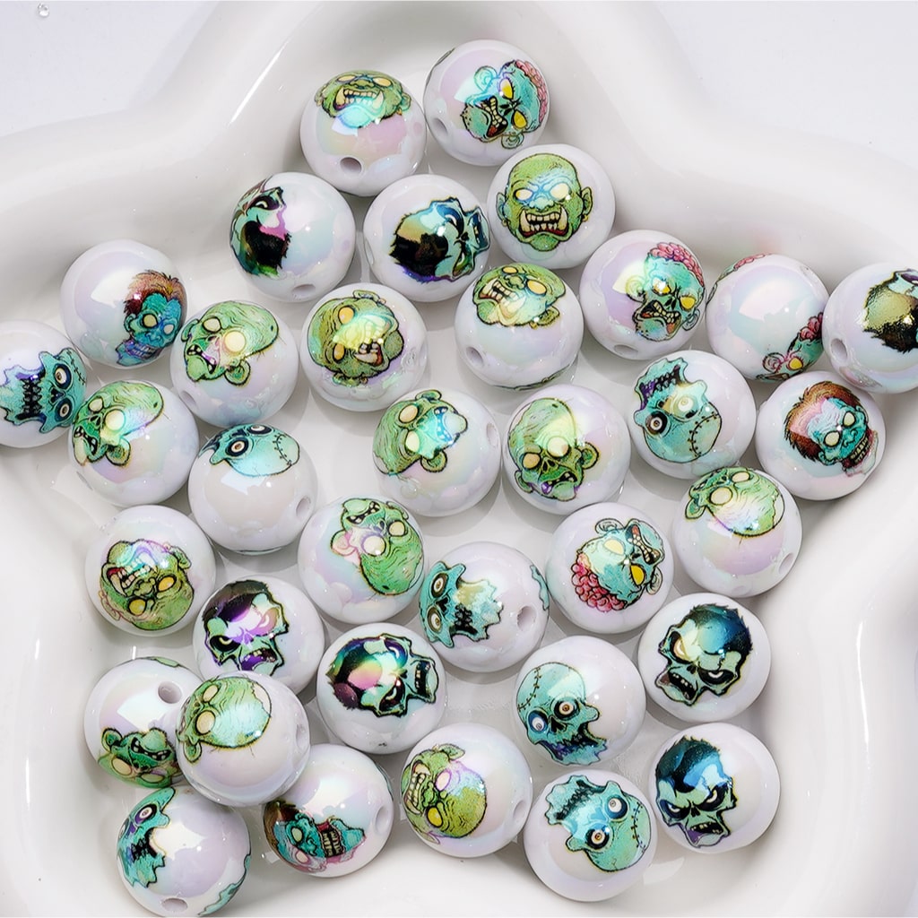 UV Coating Horror Blue Zombie Halloween  Round Acrylic Beads, 16MM, Random Mix