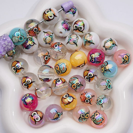 UV Coating Cute Multi-Color Owl Clear Jelly White Round Acrylic Beads, 16MM