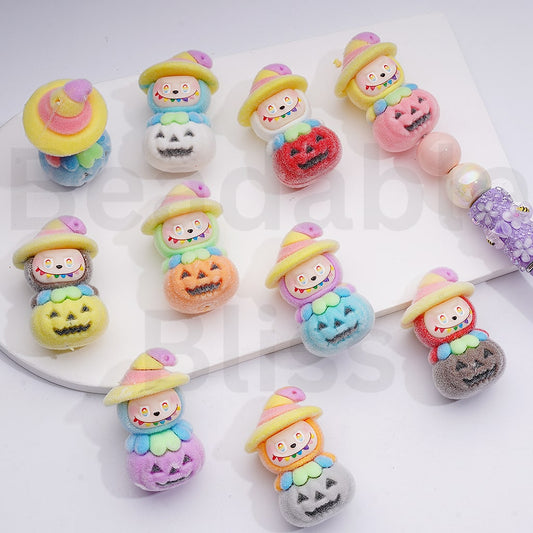 Cute Flocked Labub with Magic Hat on a Ghost Face Pumpkin Halloween Pendants Pen Topper Acrylic Beads Jewelry Accessories, 44*28MM, Random Mix