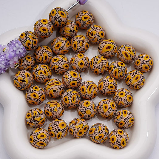 Cute Sun Flower Jaguar Printed Silicone Beads 15MM, Number Z-00254