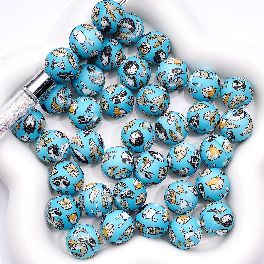 Cute Animals Fox Owl Deer Bear Hedgehog Rabbit Blue Printed Silicone Beads 15MM, Number Z-00231