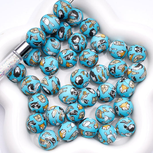 Cute Animals Fox Owl Deer Bear Hedgehog Rabbit Blue Printed Silicone Beads 15MM, Number Z-00231