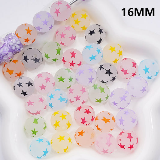 Frosted Multi-Color Stars Prints Round Acrylic Beads, 16MM ( The Single Color is only available for 200pcs (whole bag))