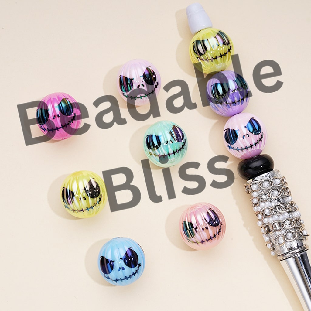 UV Coating Skeleton Couple Face Christmas Halloween Pumpkin Round Acrylic Beads, Random Mix, 16MM