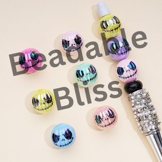 UV Coating Skeleton Couple Face Christmas Halloween Pumpkin Round Acrylic Beads, Random Mix, 16MM