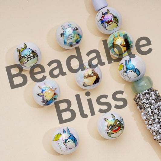 UV Coating Cute Totor Japanese Anime White Round Acrylic Beads, Random Mix, 16MM