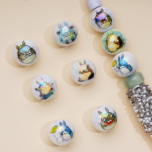 UV Coating Cute Totor Japanese Anime White Round Acrylic Beads, Random Mix, 16MM