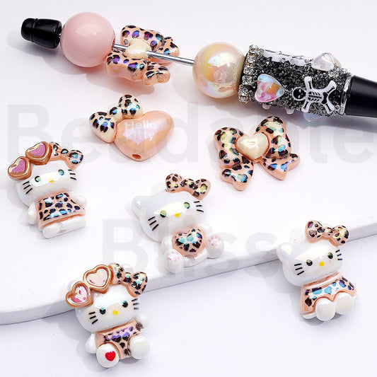 Acrylic Beads UV Coating Cute Sanri Hello Kitt in Leopard Prints Costume Heart Bowknot, Random Mix