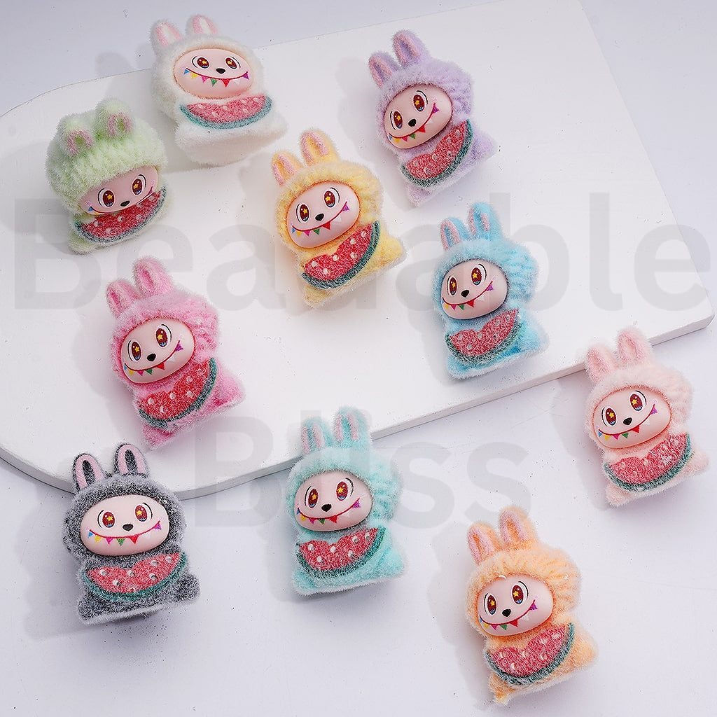 Cute Flocked Labub Eats Watermelon Pendants Pen Topper Acrylic Beads Jewelry Accessories, 40*28MM, Random Mix