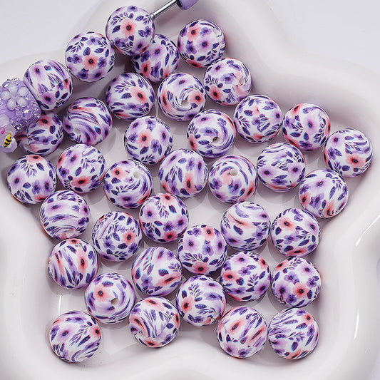 Cute Pink Purple Flowers Printed Silicone Beads 15MM, Number Z-00255