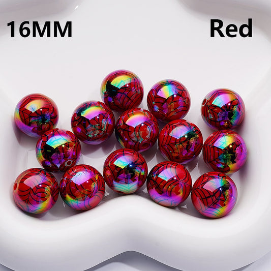 Red beads with rainbow iridescence on a white background, labeled '16MM' and 'Red'.

