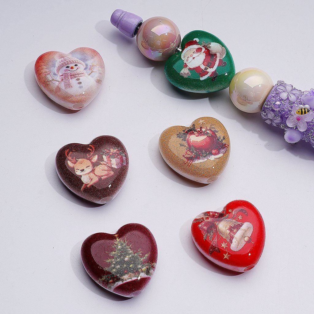 Merry Christmas Series Heart Shape Acrylic Beads, 25*24MM,  Random Mix
