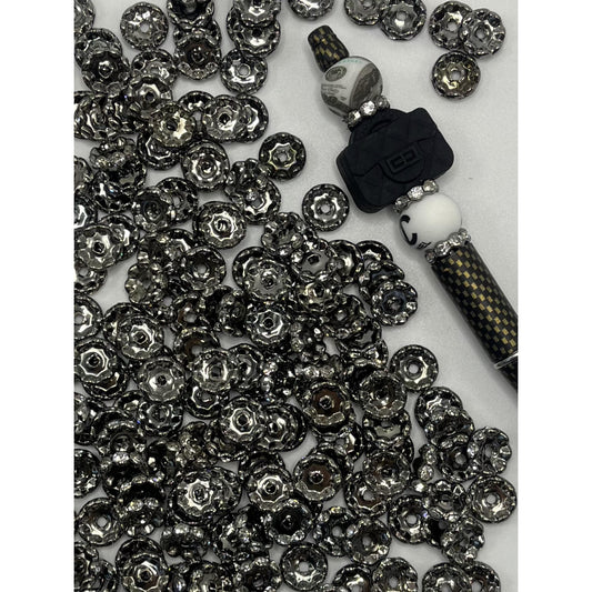 Spacers with Gun Black Color Metal Wave Shape and Clear Rhinestone, 12mm