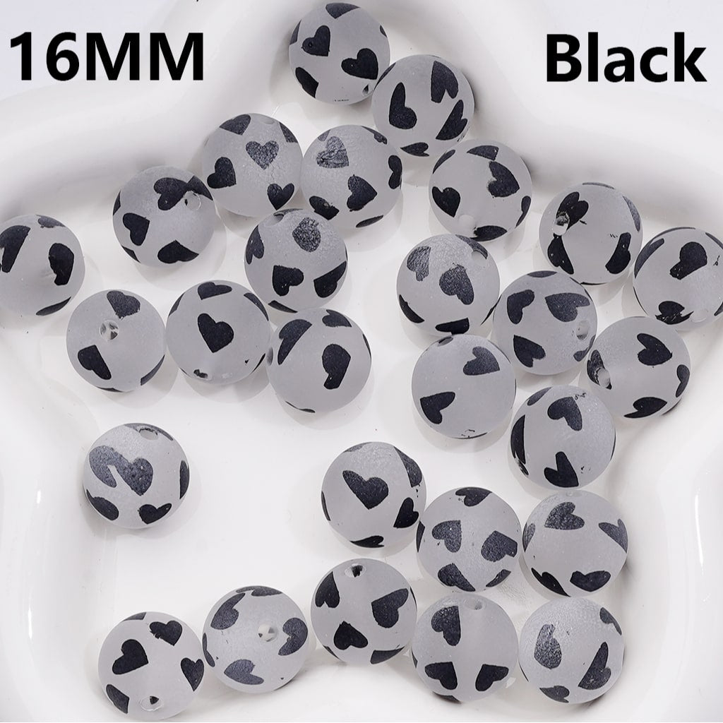 Frosted Multi-Color Hearts Prints Round Acrylic Beads, 16MM ( The Single Color is only available for 200pcs (whole bag))