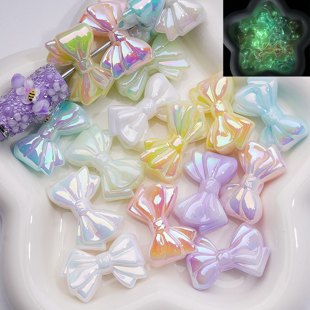 UV Coating Luminous Bowknots Acrylic Bead， 32*22MM (Single Color is available for 200pcs(Whole bag))