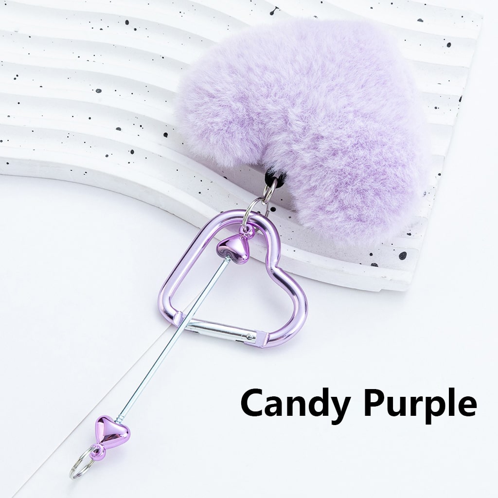 DIY Beadable Metal Heart Shape Keychain with Bar Large Pom Pom Heart , Around 160MM