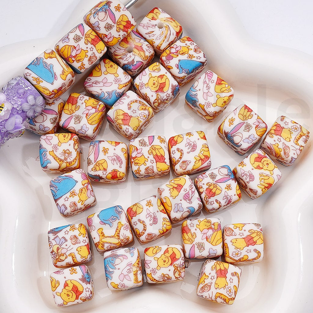 Cute Winni the Poo Tigge Eeyor Pigle Printed Cube Square Silicone Beads 14MM
