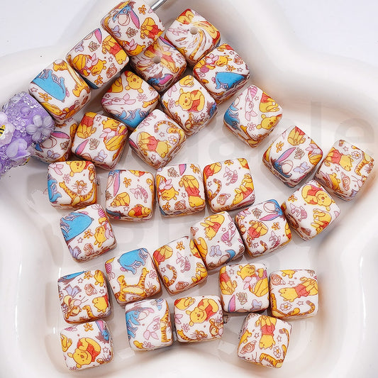 Cute Winni the Poo Tigge Eeyor Pigle Printed Cube Square Silicone Beads 14MM