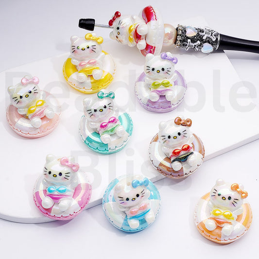 Acrylic Beads UV Coating Cute Sanri Hello Kitt Lies on the Swimming Loop, 35*31MM, Random Mix