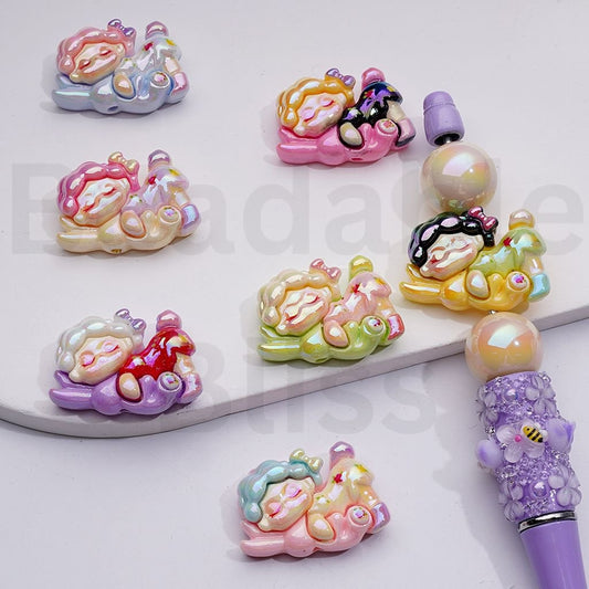 UV Coating Cute Baby Dimo Po Mar Sleeps with a Pink Bunny Acrylic Beads, 30*23MM, Random Mix