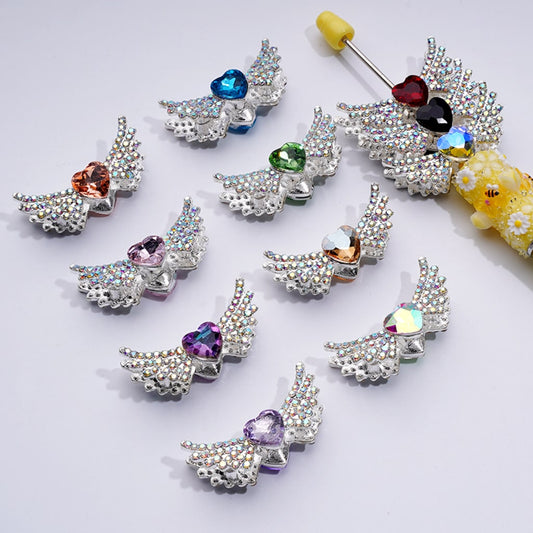 Bling Bling Fancy Silver Alloy Angel Wings Beads with Mini AB & Multi-Color Shiny Hearts Rhinestones, Around 37*17MM