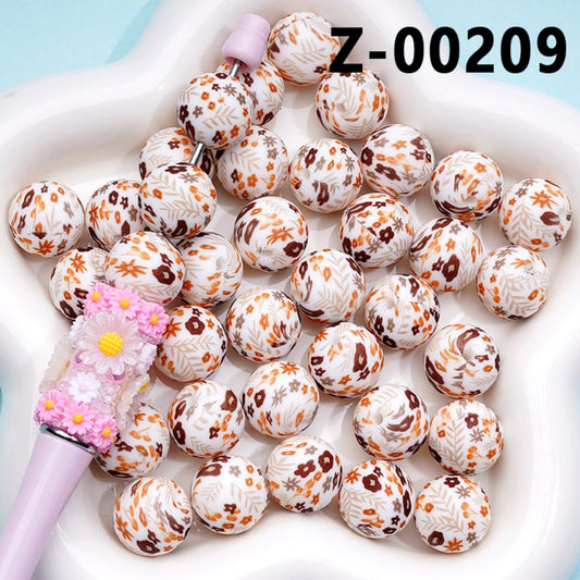Brown Tree Leaves Flowers Printed Silicone Beads 15MM, Number Z-00209