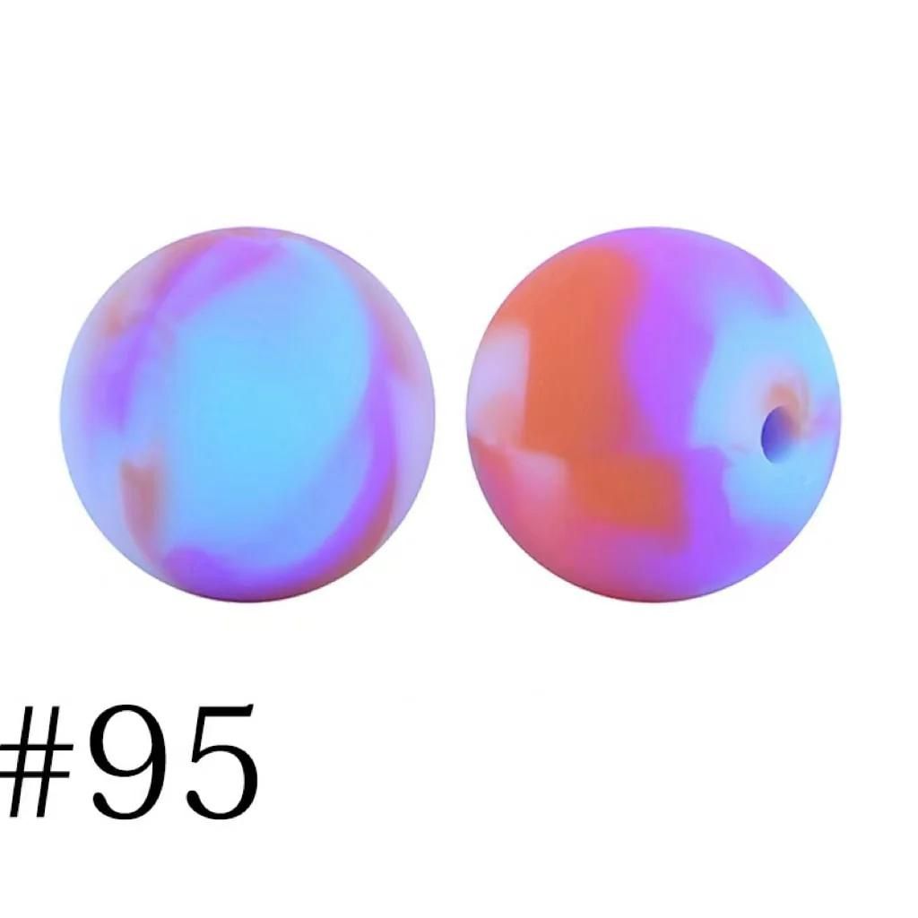 Multicolor Printed Silicone Beads with Swirls, Abstract Marble Pattern, 15mm