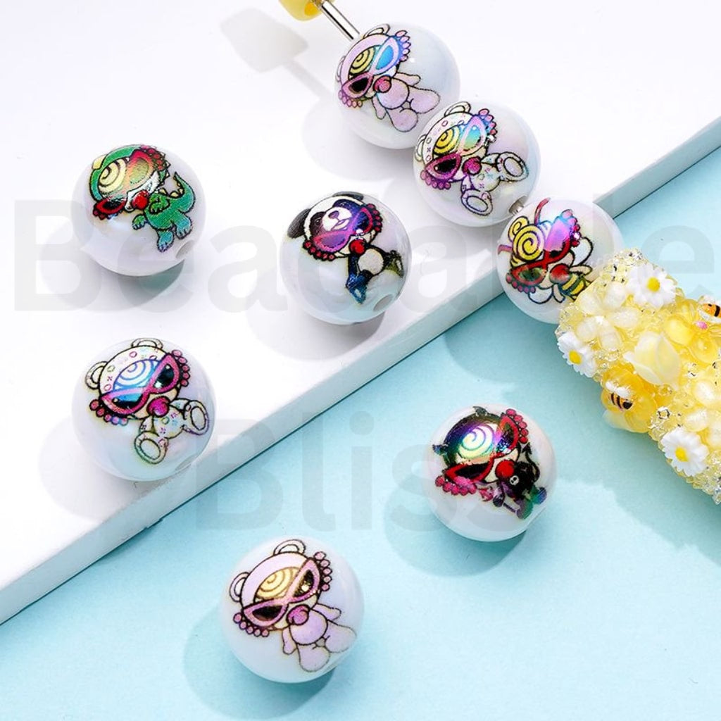 UV Coating Cute Animals Monsters with Sunglasses White Round Acrylic Beads, 16MM, Random Mix