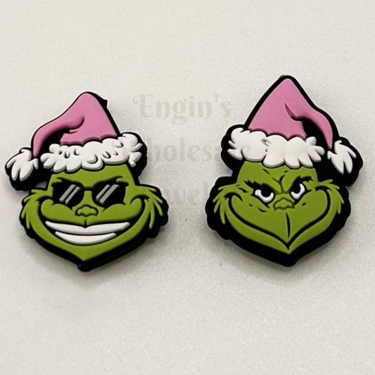 Cartoon Green Monster with Pink Christmas Hat Silicone Focal Beads