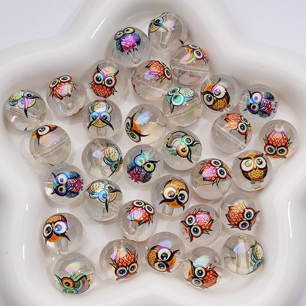 UV Coating Cute Multi-Color Owl Clear Jelly White Round Acrylic Beads, 16MM