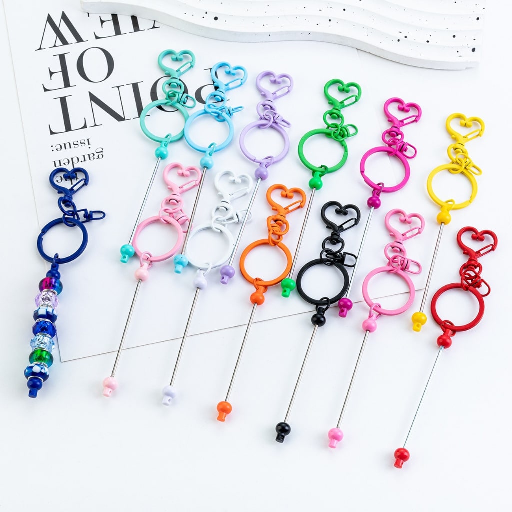 DIY Beadable Metal Keychain with Bar and Heart Shape Clasp in Solid Color, 154MM
