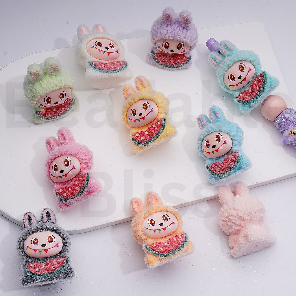 Cute Flocked Labub Eats Watermelon Pendants Pen Topper Acrylic Beads Jewelry Accessories, 40*28MM, Random Mix