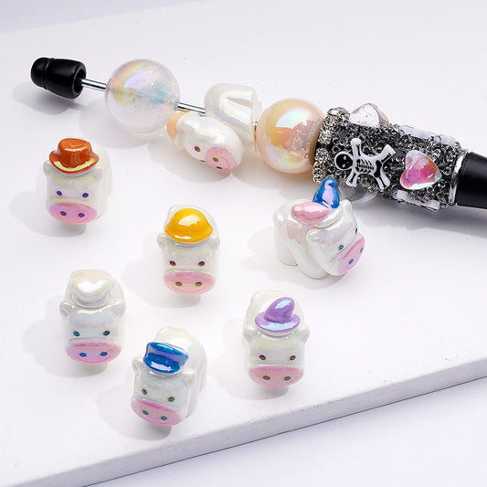 Acrylic Beads UV Coating Cute Little White Cow with Cute Hats, Around 17*19MM, Random Mix