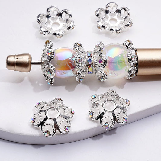 Bling Bling Lotus Flower Shape Silver Metal Bead Caps Cages with AB Rhinestones, Around 19MM ( Can be used for 16MM, 20MM Beads)