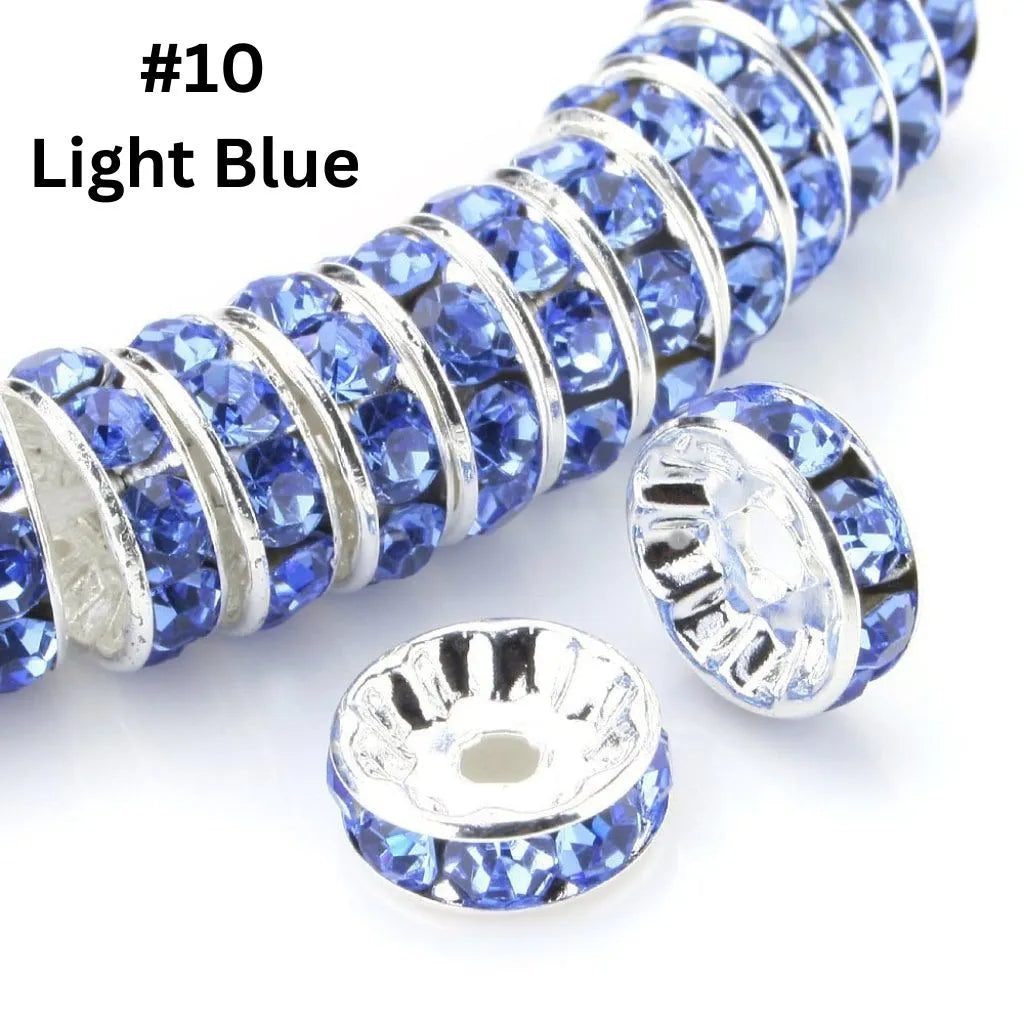 Straight Flat Round Metal Spacers with Rhinestones in Solid Colors, 10mm