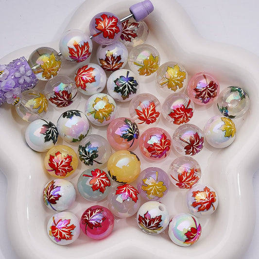 UV Coating Multi-Color Maple leaves Jelly White Clear Round Acrylic Beads, 16MM