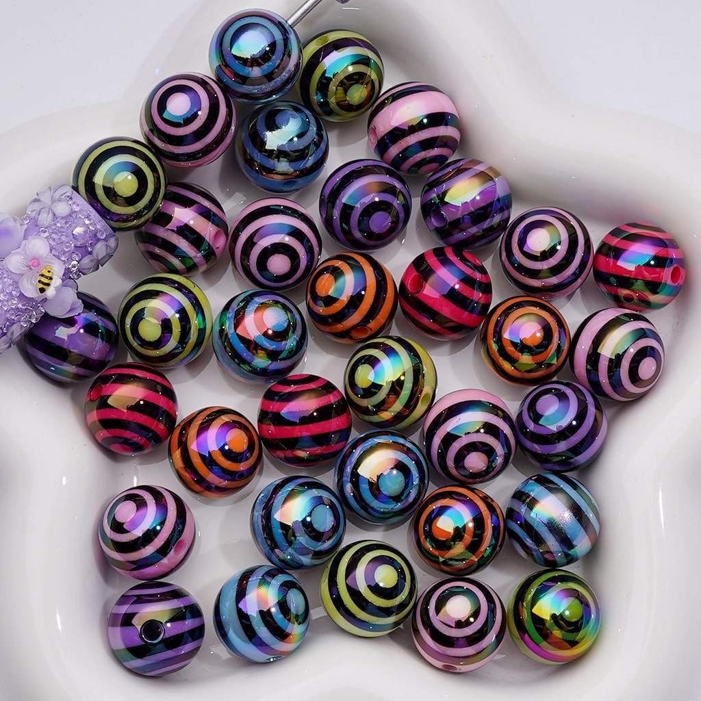 UV Coating Black Round Stripes Round Acrylic Beads in Solid Color, 16MM (Single Color is available for 200pcs(Whole bag))
