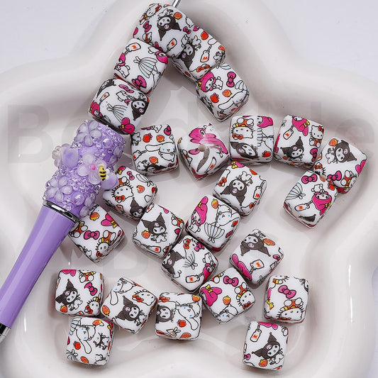 Cute Sanri Family Hell Kitt Kurom My Melod Cinnamonrol Printed Cube Square Silicone Beads, 14MM