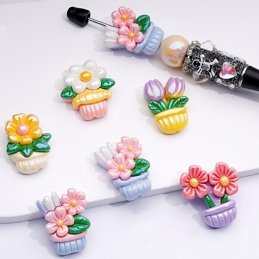 Acrylic Beads UV Coating Cute Vivid Flowers Pot Bonsai, Random Mix