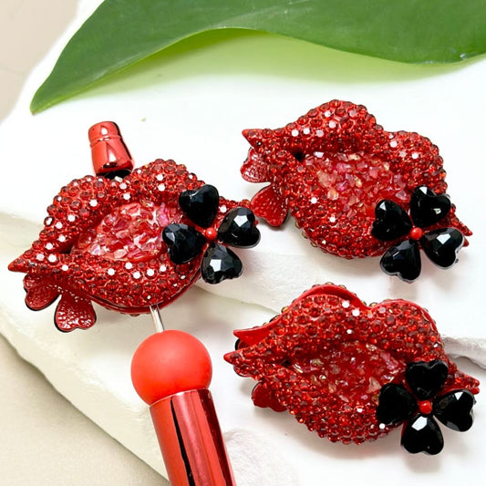 Bling Bling Red Alloy Mouth Lip with Mini Red Shiny Rhinestones Black Hearts Oval Pearls Clay Beads, 27*47MM